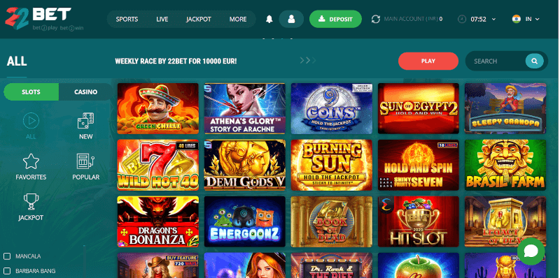 Slots page at 22Bet Casino India