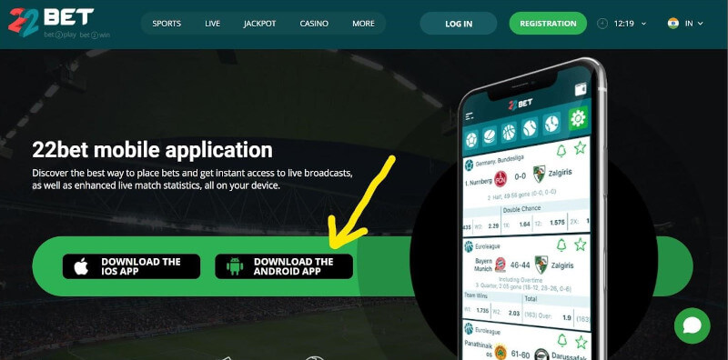 Yellow arrow showing option to download 22Bet app for Android