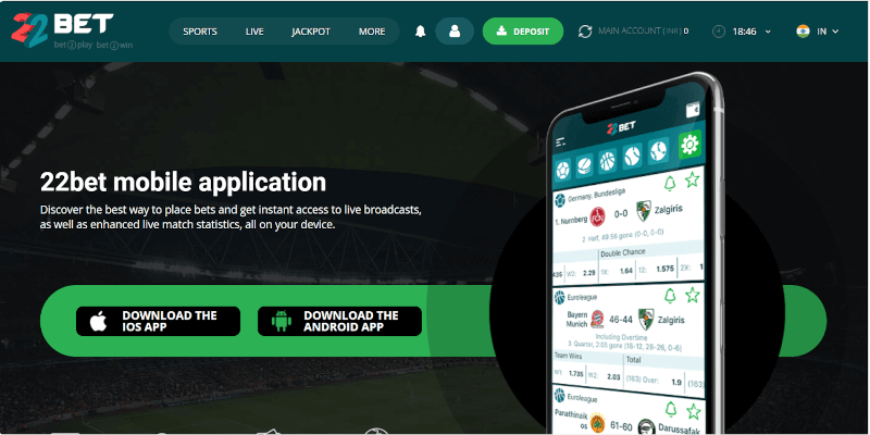 22Bet India mobile application page
