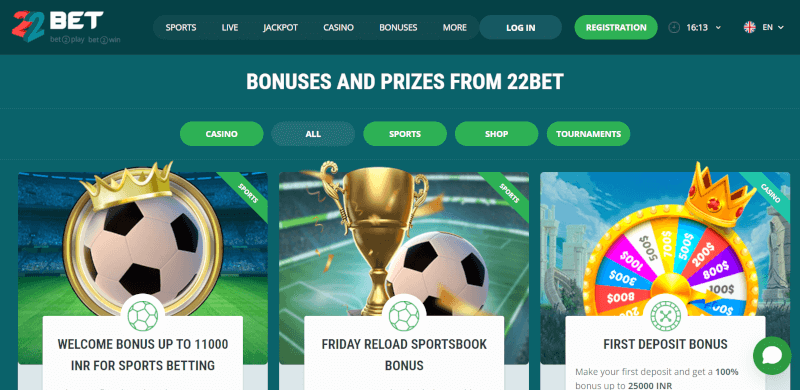 Bonuses at 22Bet India