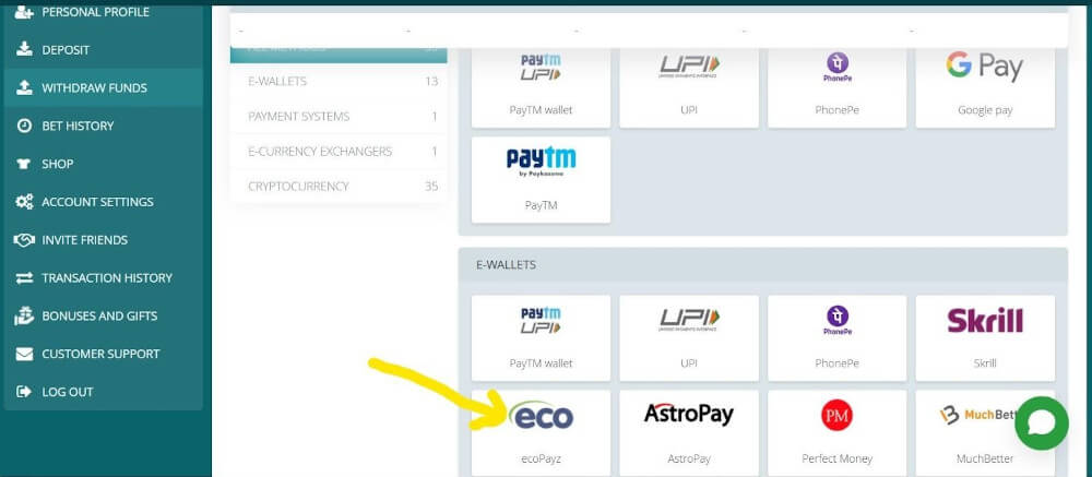 yellow arrow showing the ecoPayz logo at 22Bet India