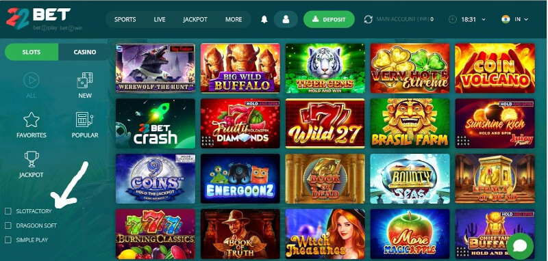 White arrow showing a section of game developers at 22Bet Casino