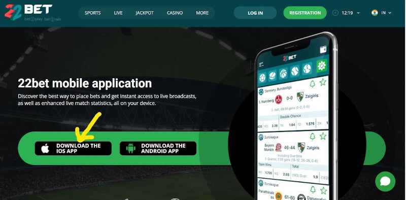 Yellow arrow showing option to download iOS app at 22Bet