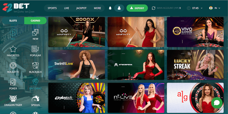 Live games page at 22Bet Casino India