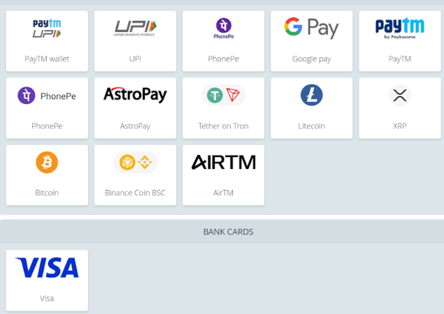 A list of 22Bet payment methods