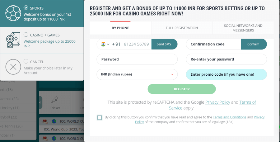 Registration by phone block at 22Bet India