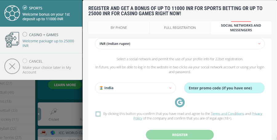 Social networks and messengers registration block at 22Bet India