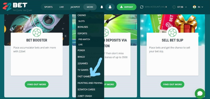 Blue arrow showing showing FAST GAMES option at 22Bet Casino