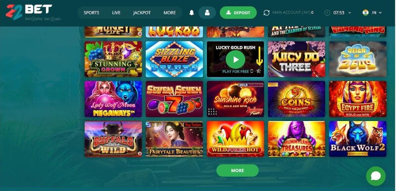 Yellow arrow showing the favourites icon on a slot at 22Bet Casino India