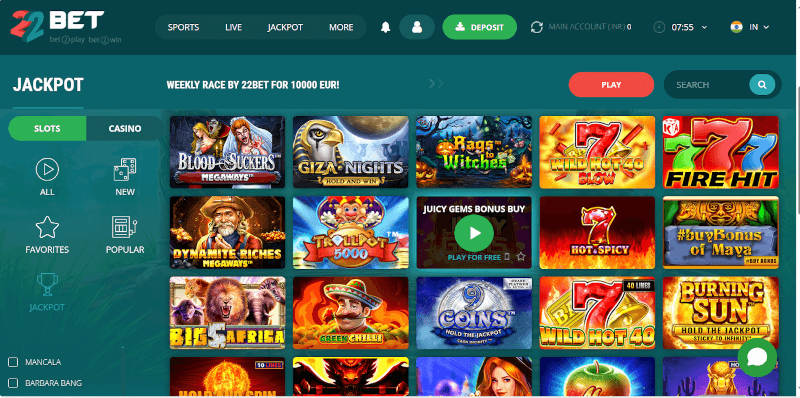 22Bet Casino jackpot games section