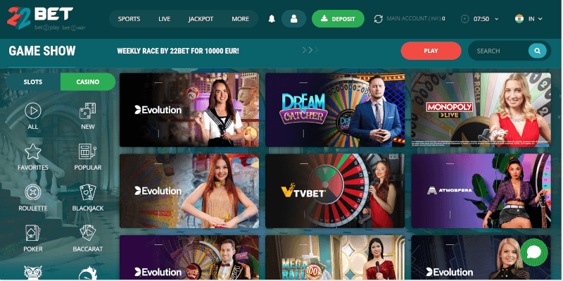 Live game shows section at 22Bet Casino India