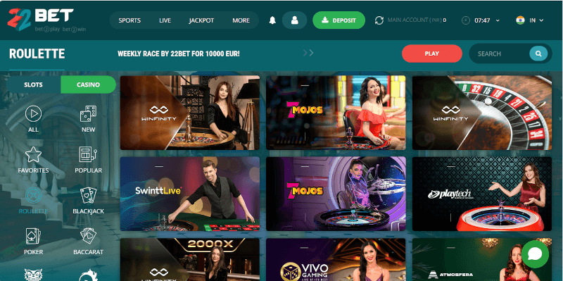 Live roulette games at 22Bet Casino India