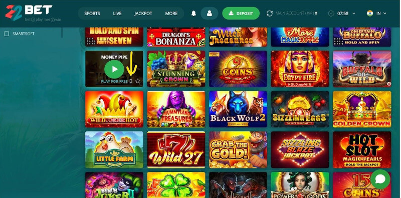 Yellow arrow showing mobile icon on Money Pipe jackpot slot at 22Bet