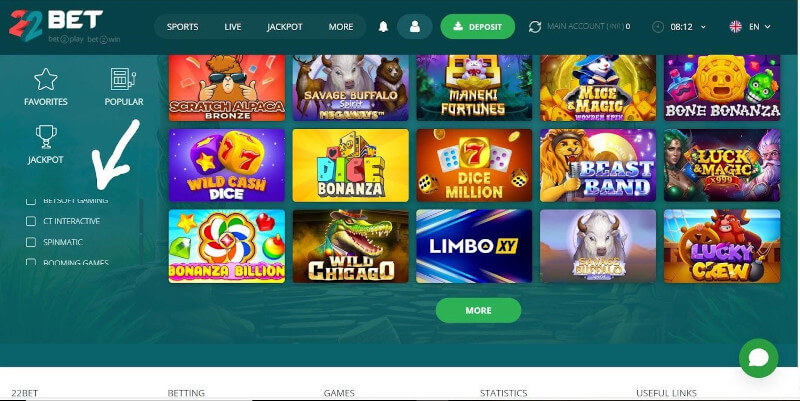 White arrow showing a list of software providers at 22Bet Casino 