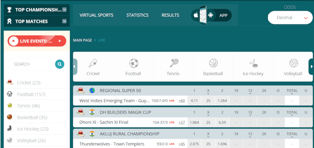 Live sports page at 22Bet India